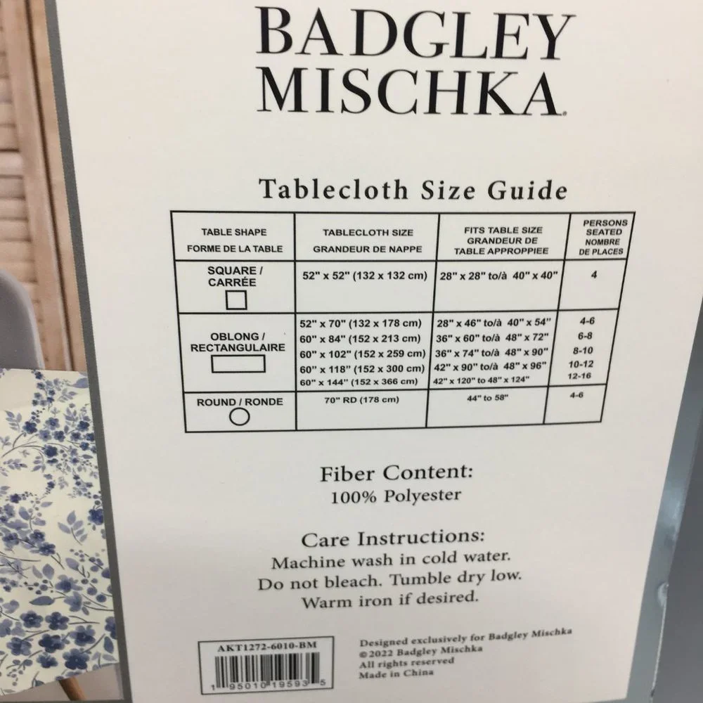 Badgley Mischka Blue Floral Tablecloth 60x102 Indoor Outdoor Country Chic Modern
